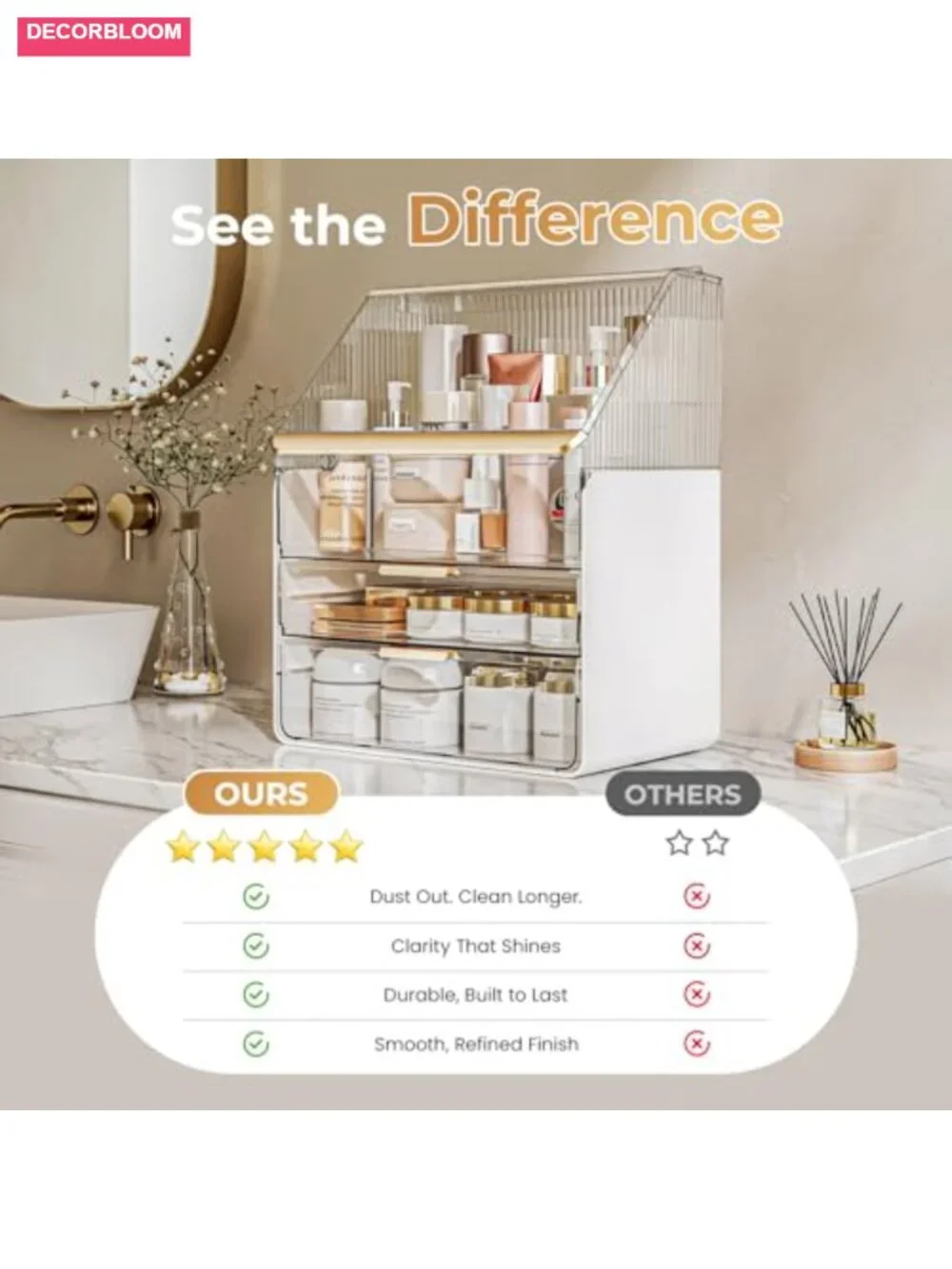 Acrylic Makeup Organizer with Drawers & Dustproof Lid